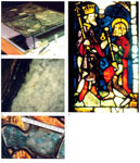 Fig. 33. Working with ion-exchangers and cleaning compresses at
                                the glass restoration workshop in Erfurt Cathedral: (a) two panels
                                with some ion-exchangers and cleaning compresses applied; (b)
                                ammonium-carbonate paste at the edge of the leading; (c) segment of
                                glass after treatment; (d) panel sV 4d after treatment.